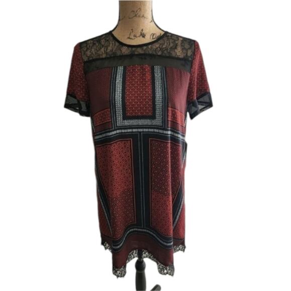 Express multi‎ pattern RED AND BLACK lace yoke trim Sheath dress size XS NEw! - Picture 3 of 11